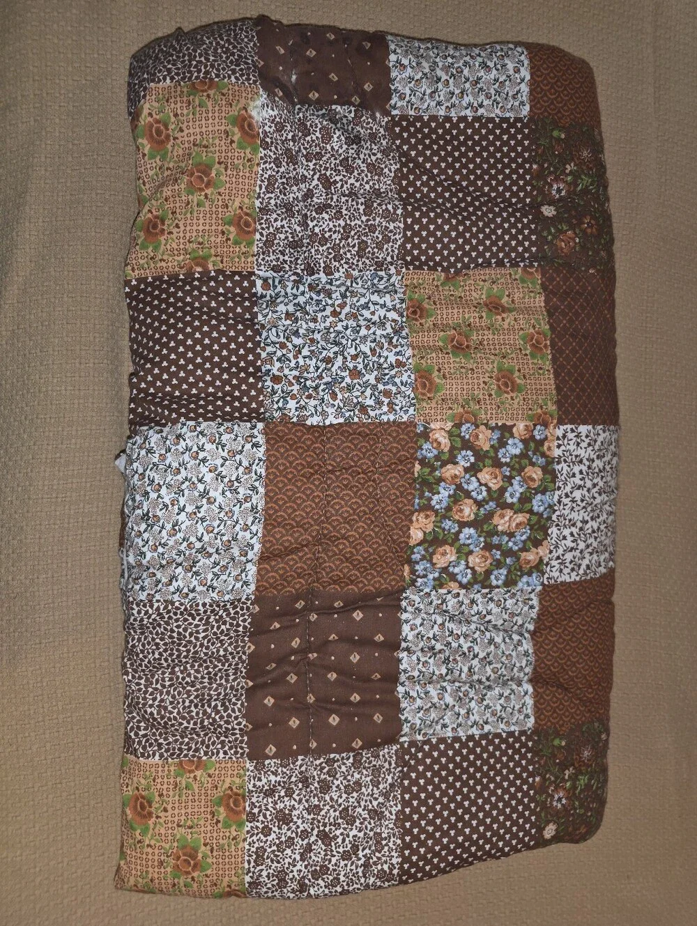 Vintage 1960s 1970s Cotton Brown Quilted Patch Work Floral Sleeping Bag Blanket